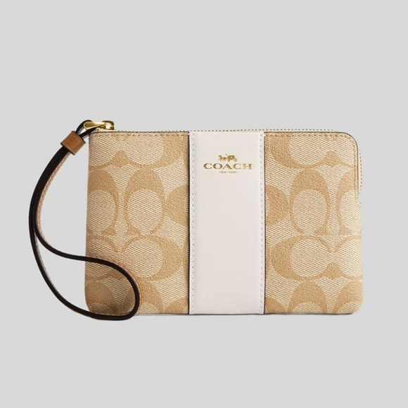 Coach light khaki Corner Zip Wristlet In Signature Canvas With Stripe - Picture 1 of 8